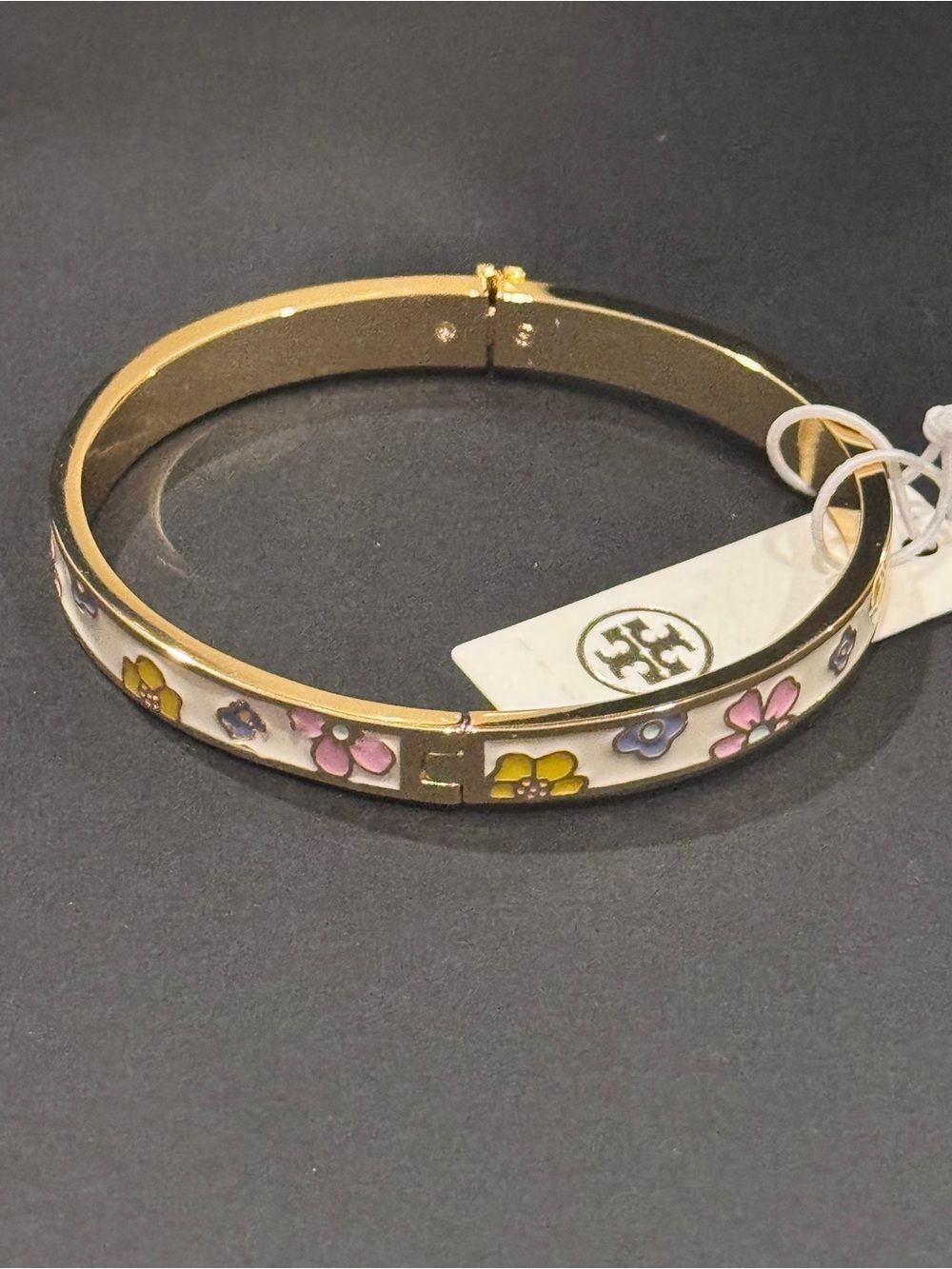 NWT Tory Burch Kira Flora-Print Enamel Hinged Bangle Bracelet Gold Cream - Picture 8 of 13